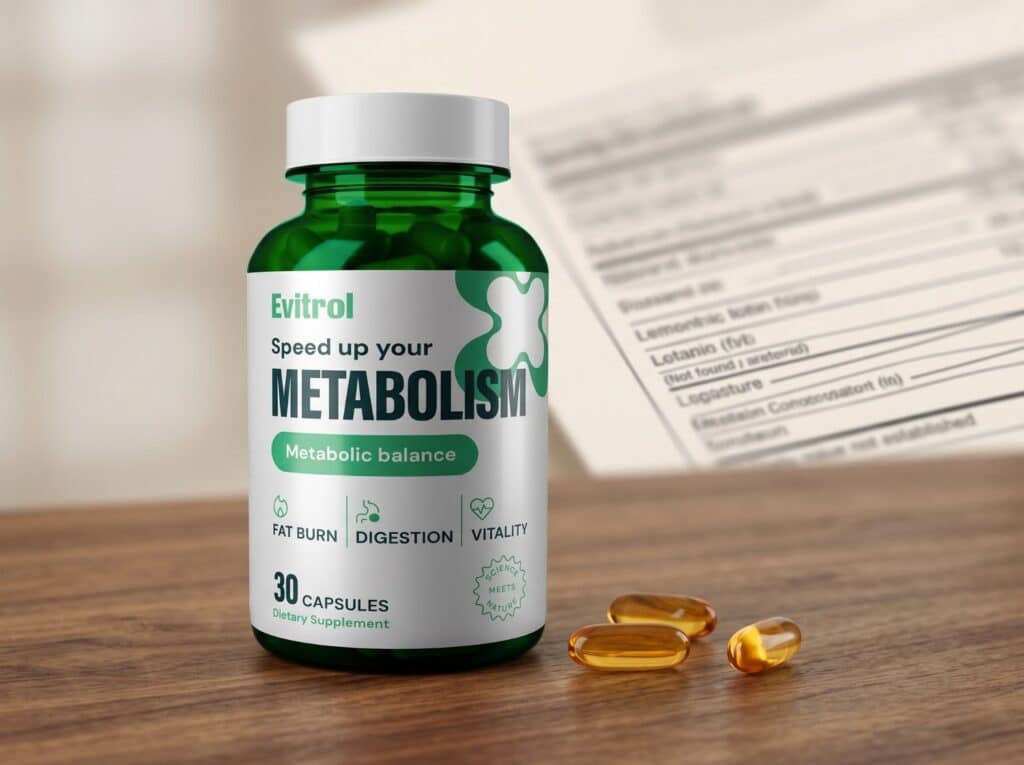 Evitrol Metabolism Verpackung mit Kapsel und Inhaltsstoff-Liste auf Holzuntergrund