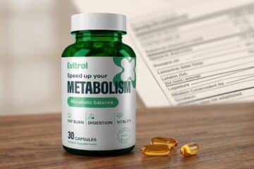 Evitrol Metabolism Verpackung mit Kapsel und Inhaltsstoff-Liste auf Holzuntergrund